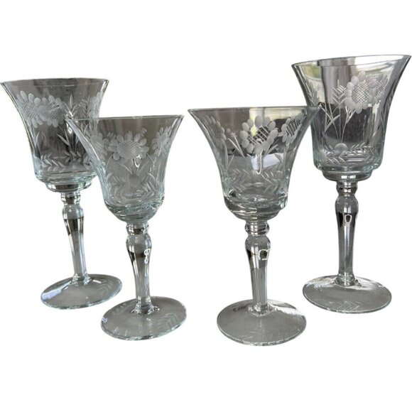 Vintage Etched Crystal Wine Glasses Set Of 4 - Picture 1 of 4
